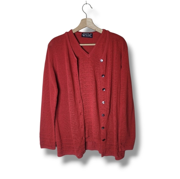 Castle of Ireland Sweater Set L Red 2-Piece Knit Holiday Party Preppy Classic - Picture 1 of 11